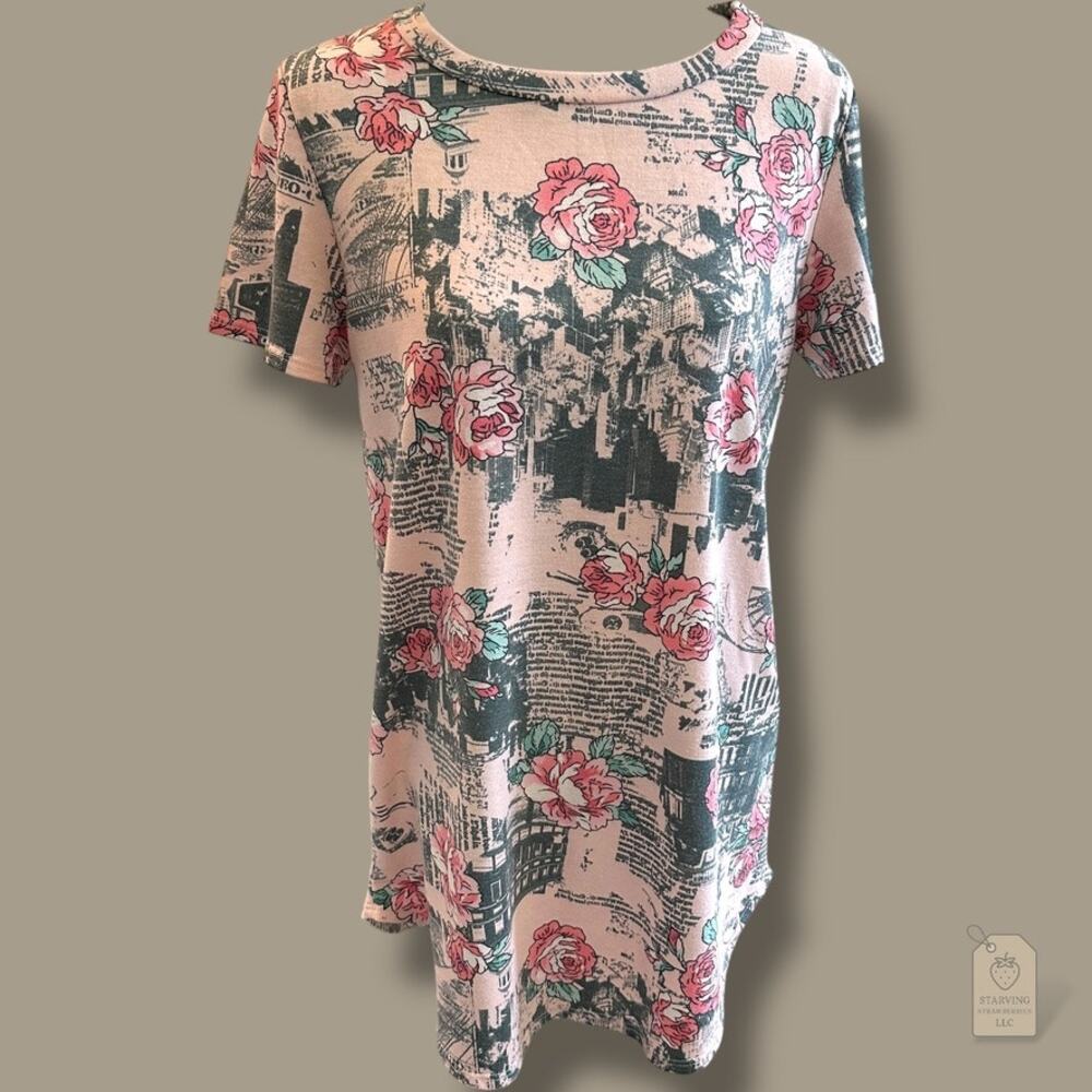 Coco Kelly Floral Newsprint Tunic Top Pink Green Rose Print Made in USA Sz L